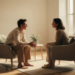 Twee mensen in gesprek tijdens een coachingsessie in een minimalistische ruimte met warm natuurlijk licht.
