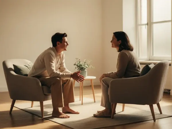 Twee mensen in gesprek tijdens een coachingsessie in een minimalistische ruimte met warm natuurlijk licht.