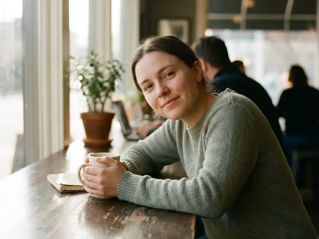 Persoon in aandachtig gesprek aan houten cafétafel, handen om keramische mok, zachte ochtendlicht, intieme sfeer.