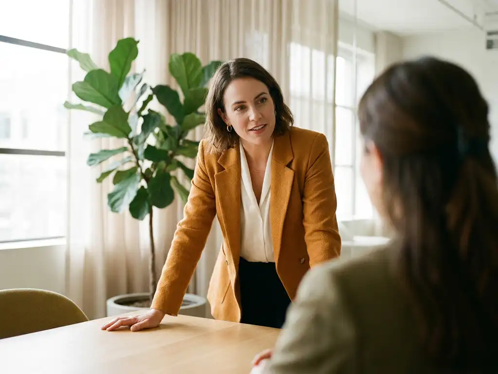 Vrouw luistert actief naar collega aan vergadertafel in licht modern kantoor, met open lichaamstaal en hand op tafel.