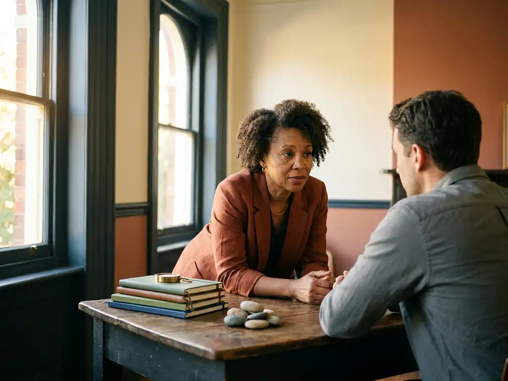 Coach en cliënt in gesprek aan houten tafel met gekleurde dagboeken, kompas en rivierkeien in warm, intiem kantoor.