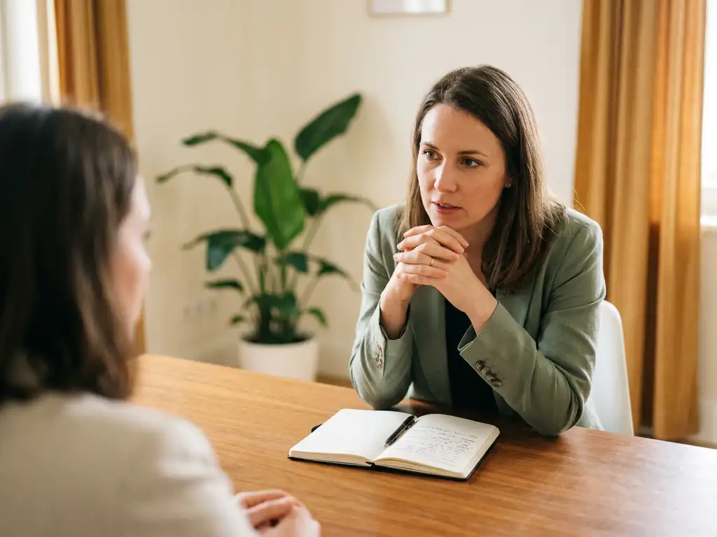 Coach leunt naar voren over houten tafel richting cliënt, met open notitieboek en pen ertussen, in rustige counselingruimte.