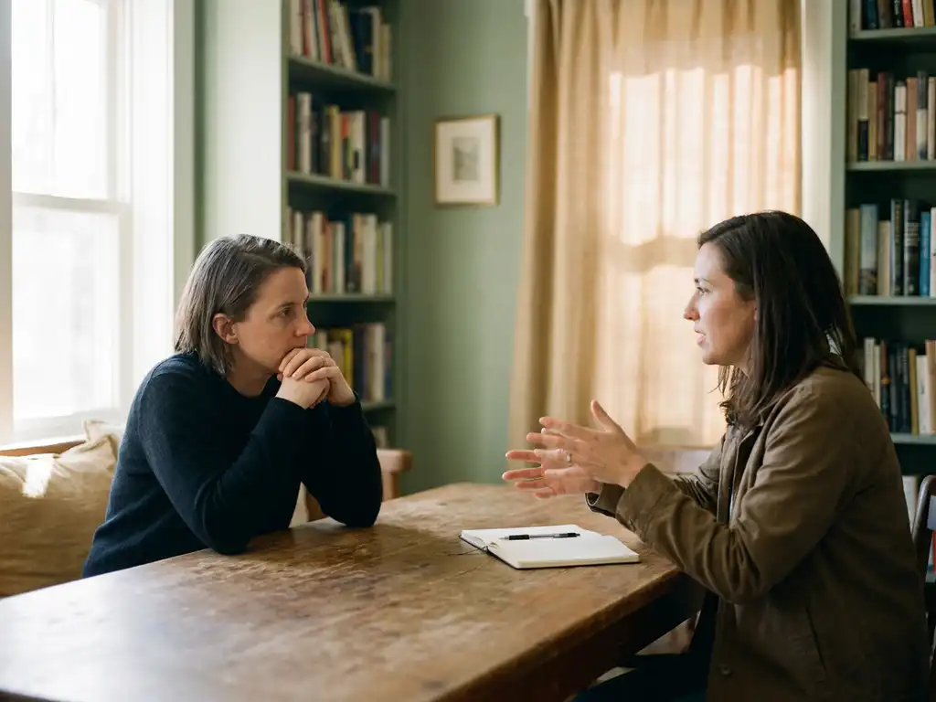 Twee coaches in een intiem gesprek aan tafel, één leunend vooruit, zachtnatuurlijk licht en notitieboek op de voorgrond.