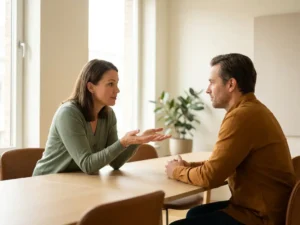 Twee collega's aan een minimalistische vergadertafel tijdens een coachingsgesprek, één leunt voorover met open handen en oprecht oogcontact.