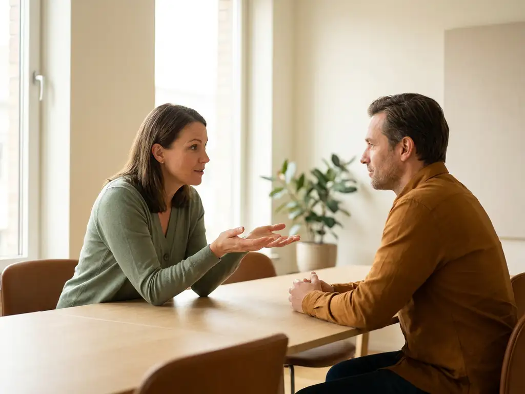 Twee collega's aan een minimalistische vergadertafel tijdens een coachingsgesprek, één leunt voorover met open handen en oprecht oogcontact.