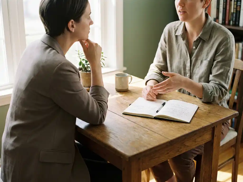 Twee professionals in gesprek aan een houten tafel tijdens een coachingsessie, één luistert aandachtig terwijl de ander een inzicht deelt.