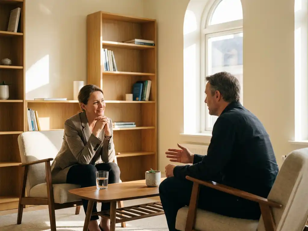 Twee professionals in gesprek tijdens een coachingsessie in een lichte kamer met warm middaglicht en houten accenten.