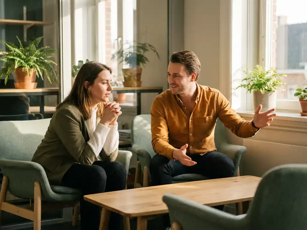 Twee professionals in gesprek tijdens een coachingsessie in een modern, licht interieur met houten accenten en groene planten.