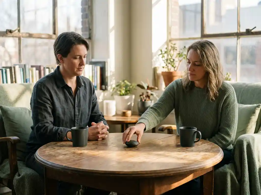 Coach en cliënt aan een houten tafel, één persoon legt een riviersteen neer als gespreksfocus, zacht middaglicht door hoge ramen.