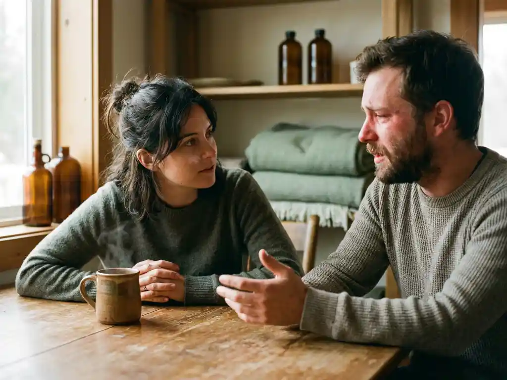 Twee collega's aan een houten tafel in gesprek, één leunend voorover met aandacht, ander sprekend met emotie, dampende mok ertussen, zacht natuurlijk licht.