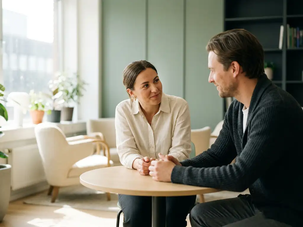 Twee collega's in gesprek aan een ronde tafel in een licht modern kantoor, één leunt vooruit met open lichaamstaal en oprecht oogcontact.