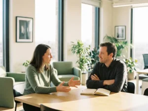 Twee collega's in gesprek aan een houten tafel in een licht modern kantoor, één persoon gebaart open en betrokken.