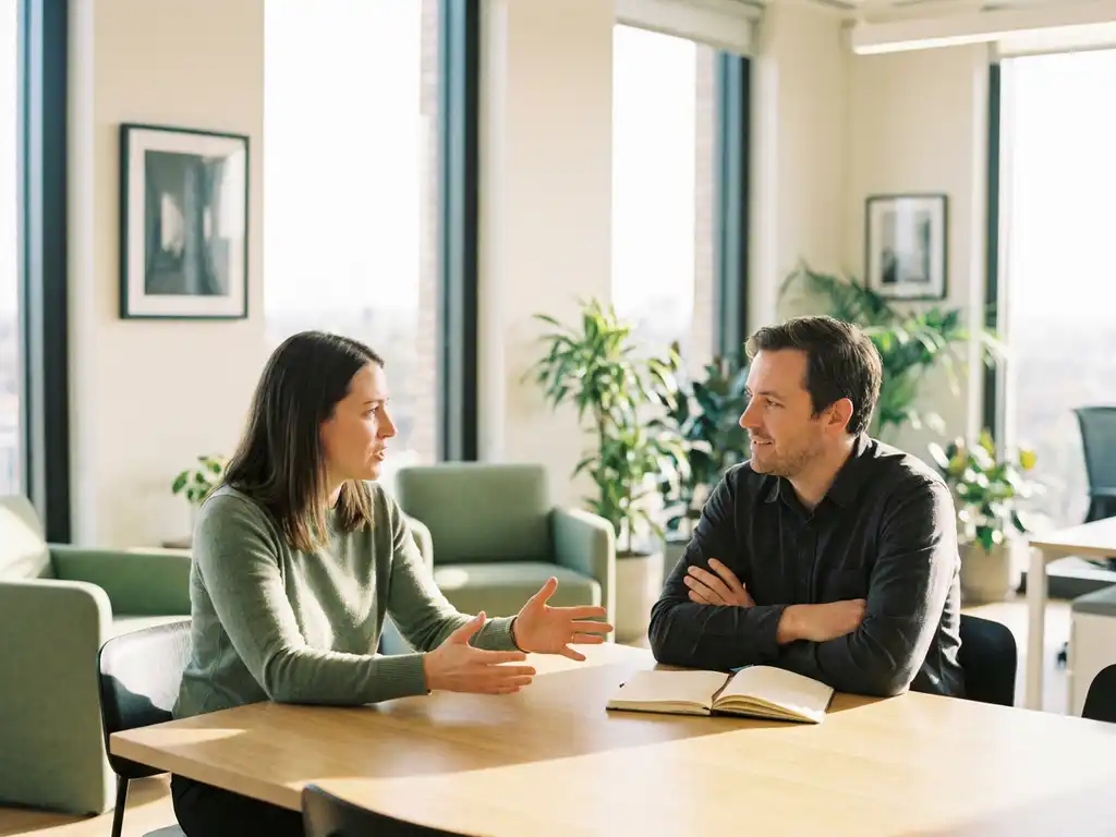 Twee collega's in gesprek aan een houten tafel in een licht modern kantoor, één persoon gebaart open en betrokken.