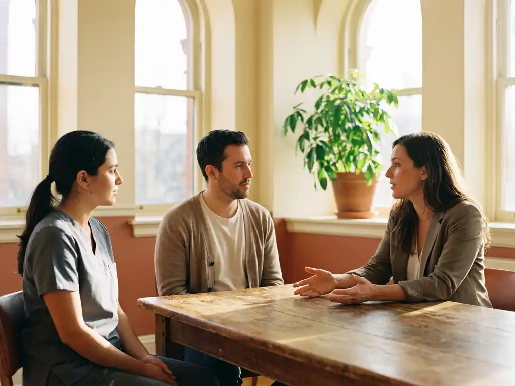 Diverse collega's — verpleegkundige, leraar en kantoormedewerker — in gesprek aan houten tafel in warm middaglicht.