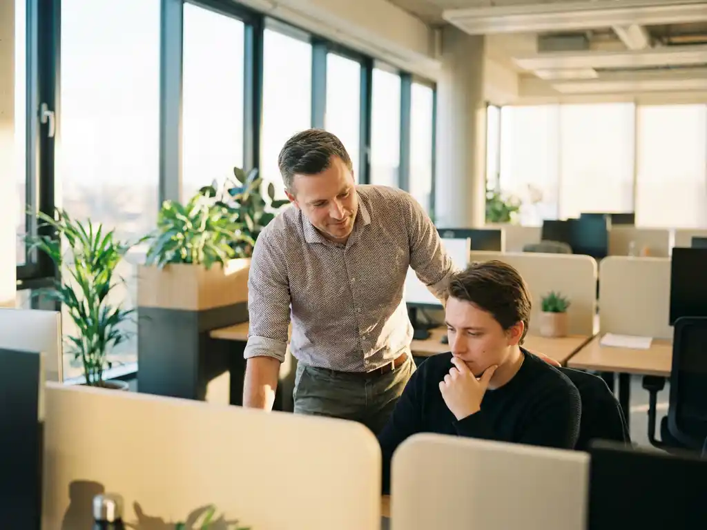 Manager leunt aandachtig voorover naar nadenkende collega in modern kantoor met groot raam en warm middaglicht.