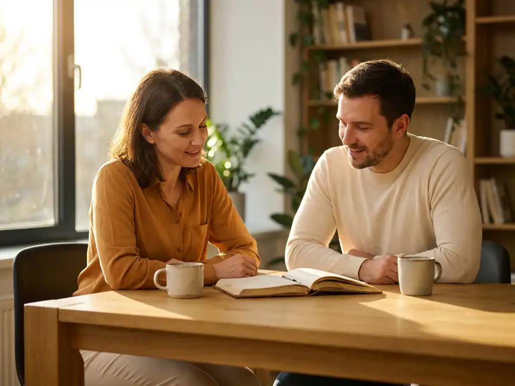 Manager en medewerker in open gesprek aan een eiken bureau in een zonnig kantoor, met een notitieboek tussen hen in.