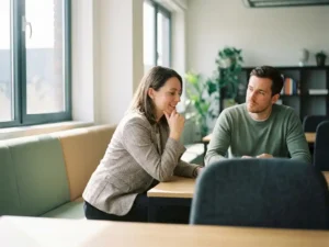 Professional leunt nieuwsgierig voorover tijdens gesprek met collega in modern kantoor met zacht natuurlijk licht.