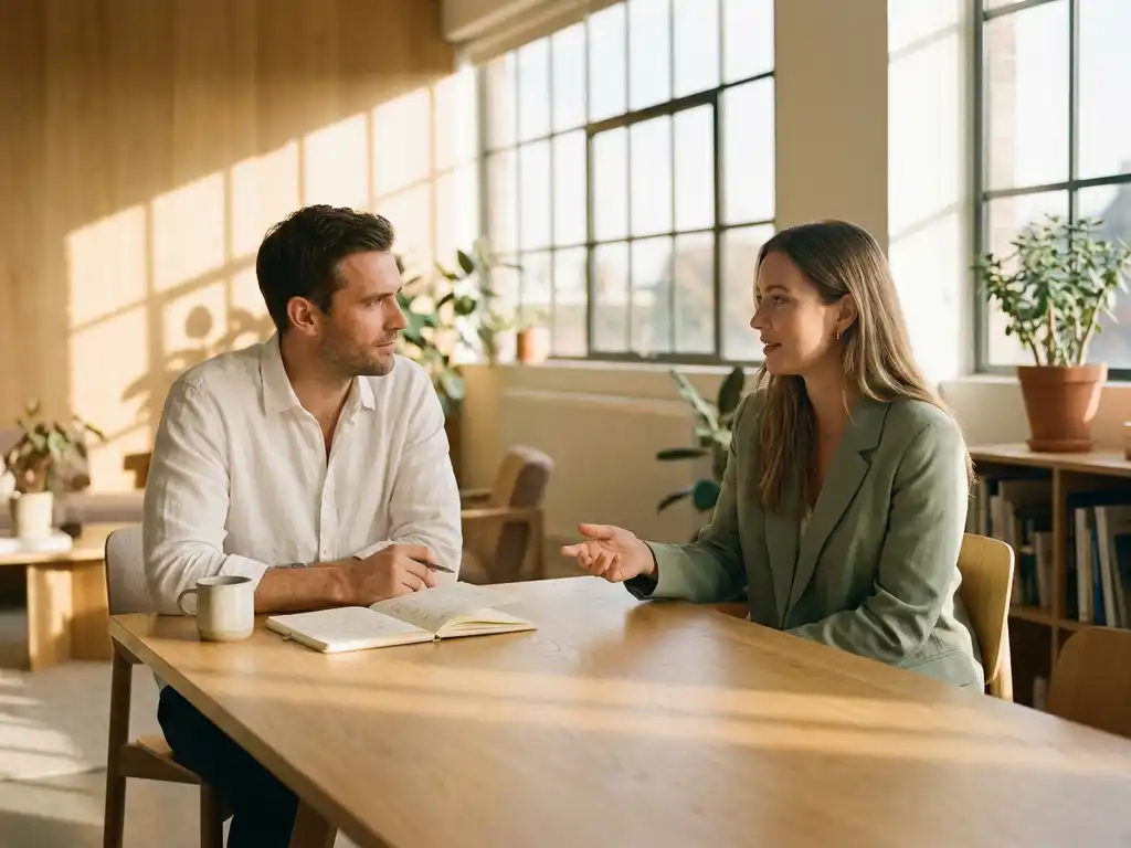 Twee collega's in gesprek aan een houten tafel in een licht modern kantoor, met een open notitieboek en warm middaglicht door grote ramen.