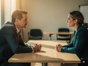 Coach leunt over houten tafel naar cliënt, intens oogcontact voor moeilijk gesprek, warme tint in professionele trainingsruimte.