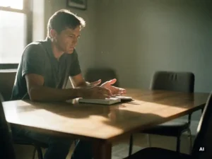 Coach zit alleen aan houten tafel na moeilijke sessie, handen open op gesloten dagboek, zachte middaglichtval door raam.