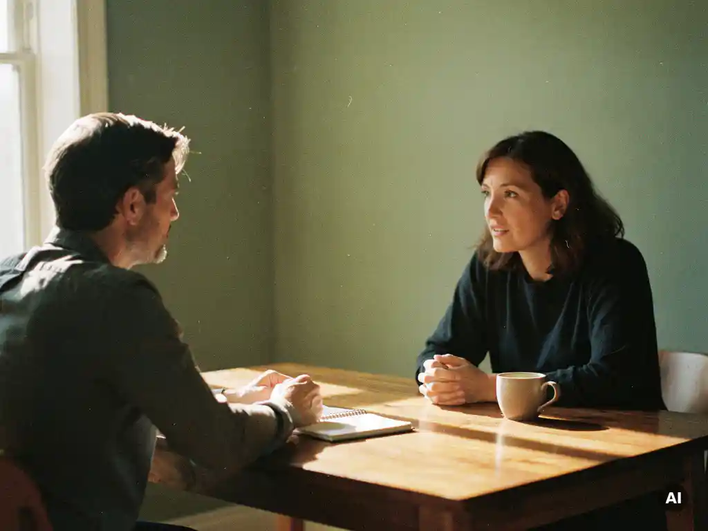 Coach en cliënt in gesprek aan houten tafel, met notitieboekje en koffiekop, in warm middaglicht.