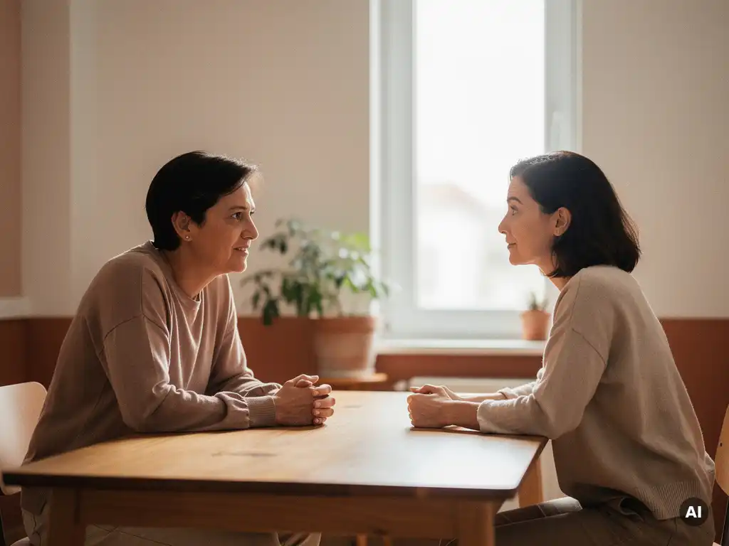 Twee mensen in gesprek aan een houten tafel in een rustige coachingsruimte, één persoon leunt oprecht voorover in zacht natuurlijk licht.