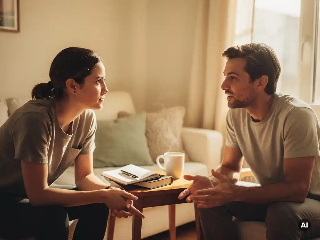 Twee coachingstudenten in gesprek, één leunend voorover en luisterend, ander sprekend met open houding, notitieboeken en koffie op houten tafeltje.