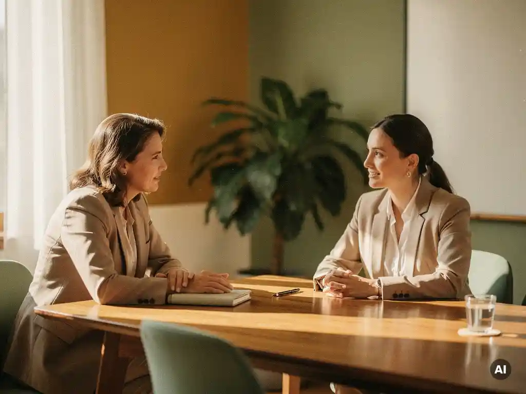 Twee professionals in gesprek aan een houten tafel in een lichte coachingsruimte, één leunt voorover met open houding.