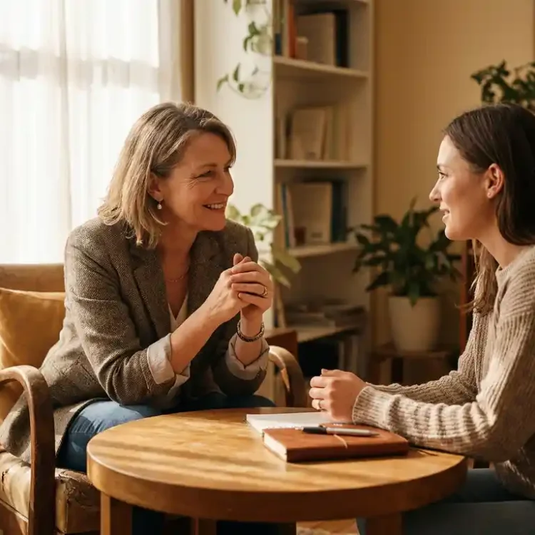 Coach en cliënt in gesprek aan tafel in zonnige ruimte, met notitieboek en open, betrokken lichaamstaal.